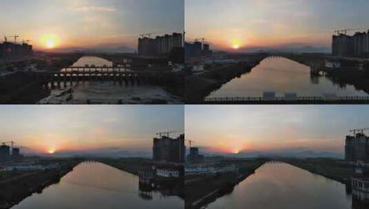 古桥边溪水潺潺 航拍日落运动延时摄影 4K高清在线视频素材下载