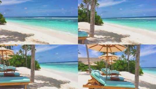晴天马尔代夫大海、沙滩、沙滩椅高清在线视频素材下载
