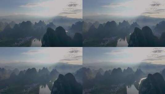 广西桂林山水 漓江 水墨画 丁达尔耶稣光高清在线视频素材下载