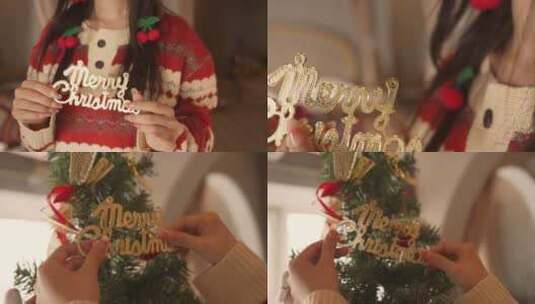 圣诞节漂亮女孩准备圣诞节礼物装饰圣诞树高清在线视频素材下载