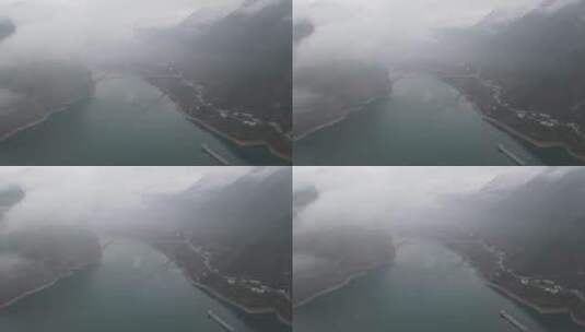 航拍雨雾缭绕的巫峡口高清在线视频素材下载
