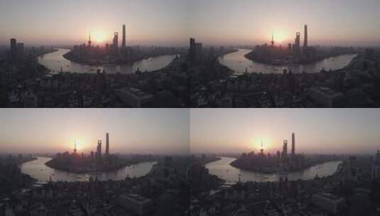上海外滩日出航拍城市风光高清在线视频素材下载