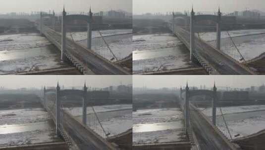 大桥航拍冰封河面高清在线视频素材下载
