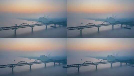 九江长江大桥黎明航拍延时高清在线视频素材下载