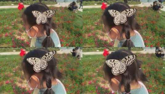 女孩头上美丽的蝴蝶高清在线视频素材下载
