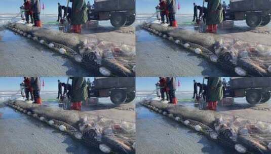 冰封湖面上的传统捕鱼高清在线视频素材下载