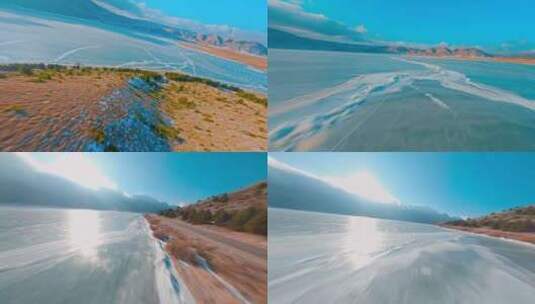 FPV无人机航拍森林冰冻河流蓝天白云高清在线视频素材下载