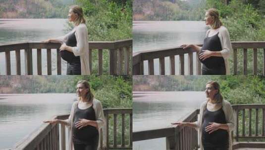 孕妇沿着山湖附近的露台散步高清在线视频素材下载