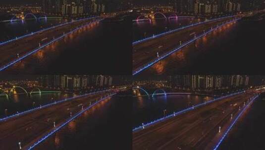 现代城市中的桥梁鸟瞰图照明天线的桥梁全景高清在线视频素材下载