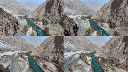 碧绿的河流穿过新疆杏花村 公路边鲜花盛开高清在线视频素材下载