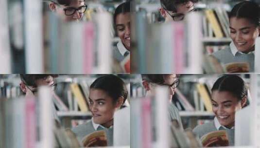 女孩和一个男孩在图书馆看书高清在线视频素材下载