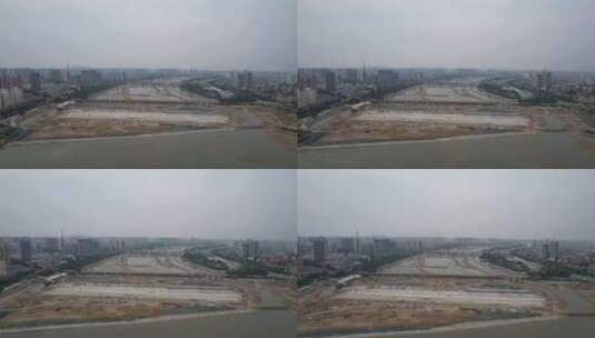 城市河流防洪堤坝修建施工航拍河南高清在线视频素材下载
