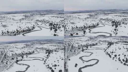 河流蜿蜒穿过积雪覆盖的冬季平原和道路天线高清在线视频素材下载