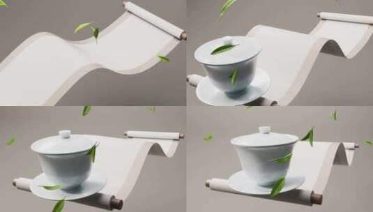 中国风茶壶茶杯与茶叶三维渲染高清在线视频素材下载