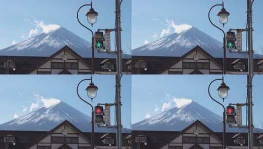 日本河口湖火车站与富士山的红绿灯交叉高清在线视频素材下载