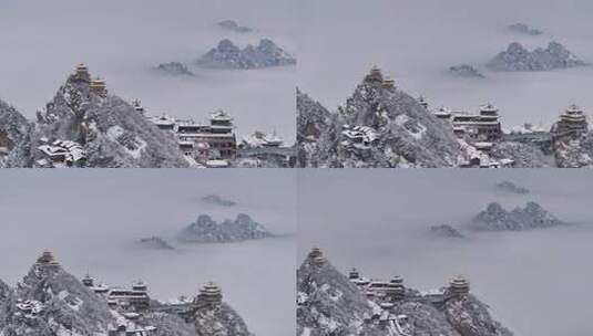 3倍渐远横飞老君山道观群雪后瀑布云海高清在线视频素材下载