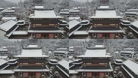 航拍杭州径山寺中式古建筑寺庙山顶森林雪景高清在线视频素材下载