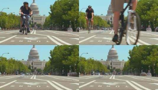自行车沿着宾夕法尼亚大道向华盛顿特区的美国国会大厦骑去高清在线视频素材下载