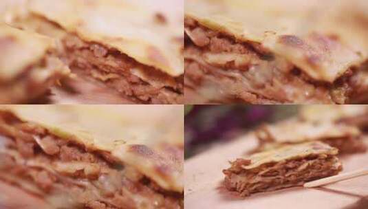 【镜头合集】肉馅馅料十足的千层肉饼高清在线视频素材下载