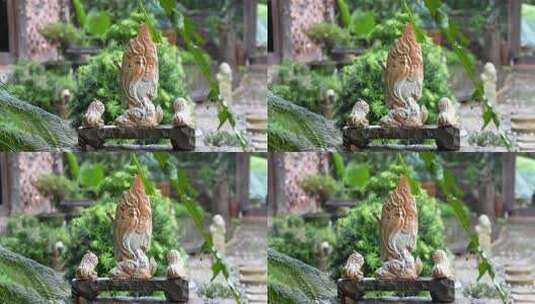 下雨天中寺庙景观庭院植物空场景镜头素材高清在线视频素材下载