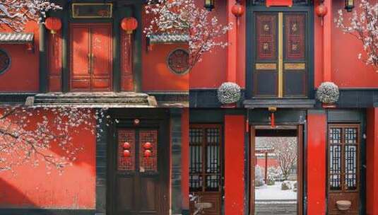 新春朱门红墙灯笼 雪映梅花古韵宫殿古风高清在线视频素材下载