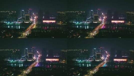 义乌城市建筑亮灯庆祝建党百年航拍高清在线视频素材下载