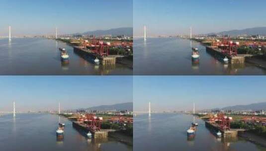 江西省九江港集装箱码头及九江长江二桥航拍高清在线视频素材下载