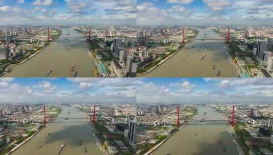 俯瞰越过上海杨浦大桥-航拍延时浦江两岸高清在线视频素材下载