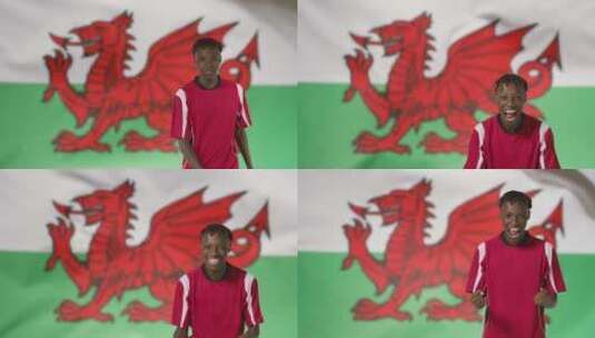 在威尔士国旗前欢呼的运动员高清在线视频素材下载
