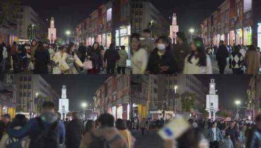行走第一视角夜晚巷子晚上走路逛街人来人往高清在线视频素材下载