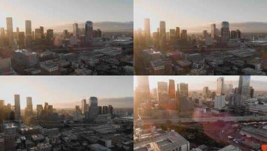 城市航拍日出阳光照射摩天大楼汽车交通加州高清在线视频素材下载