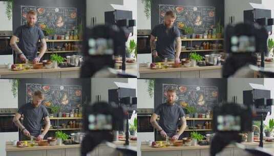 男厨师在厨房餐桌上切菜，在为美食博客拍摄烹饪课时在镜头前讲述食谱高清在线视频素材下载
