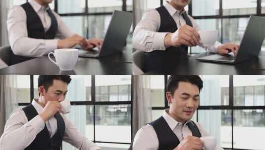 一个商务男士坐在会议室办公喝咖啡高清在线视频素材下载