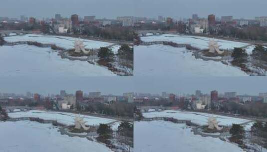 吉林珲春市冬季珲春龙源公园航拍风光高清在线视频素材下载