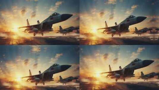 4k战斗机起飞降落夕阳唯美创意素材高清在线视频素材下载