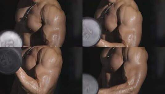 健身房里举哑铃的男性肌肉特写高清在线视频素材下载
