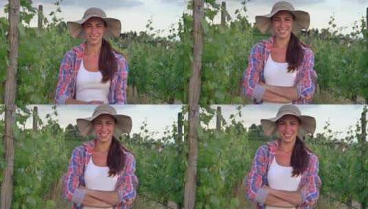 美丽微笑的女孩（女人）农民戴着草帽，穿着高清在线视频素材下载