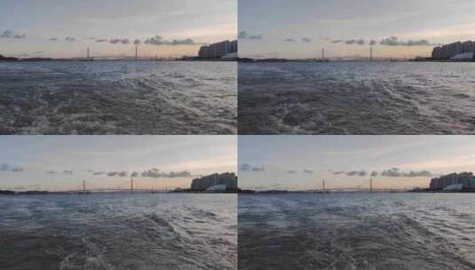 站在渡轮船尾眺望汕头海湾黄昏风景高清在线视频素材下载
