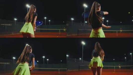 美丽的年轻女子在户外球场打网球高清在线视频素材下载