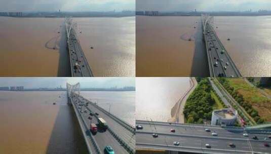 杭州钱塘江九堡大桥江边风景视频素材航拍高清在线视频素材下载