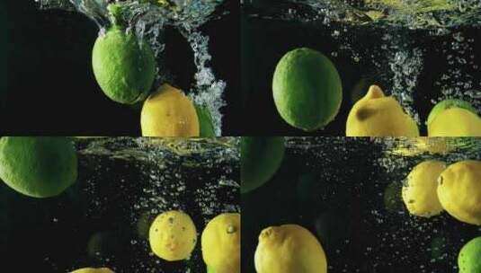 饮品宣传片片头几种颜色的柠檬落入水中高清在线视频素材下载