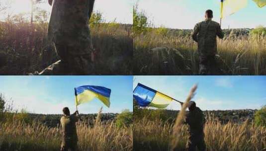 乌克兰军队男士兵举着蓝石旗帜跑步户外年轻高清在线视频素材下载