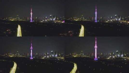 武汉市龟山电视塔长江大桥夜景航拍高清在线视频素材下载
