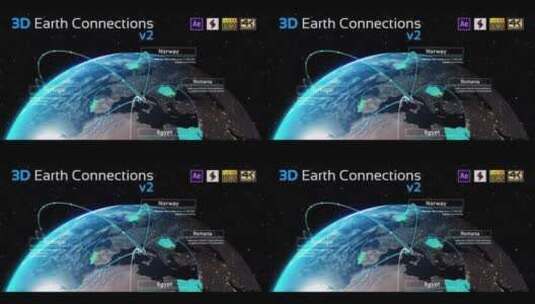 三维地球缩放动画地图卫星定位地点连线高清AE视频素材下载