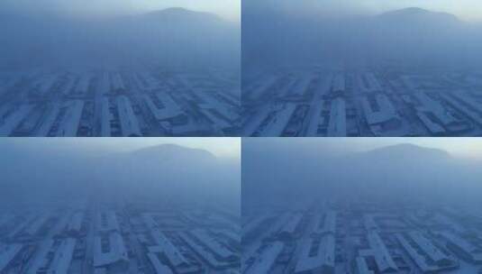 航拍大兴安岭极寒黎明冷空气笼罩的山村高清在线视频素材下载