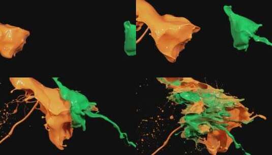 橙色绿色液体颜料泼洒交叉融合飞溅高清在线视频素材下载