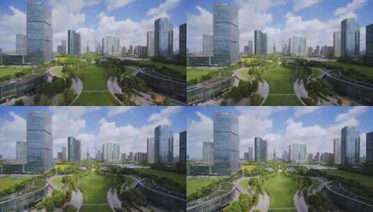 航拍杭州萧山钱江世纪城公园和现代建筑高清在线视频素材下载