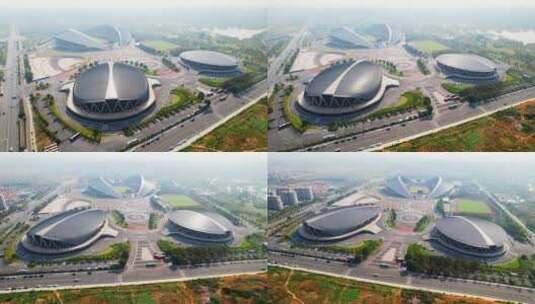 航拍金华市区杭州亚运会体育中心场馆高清在线视频素材下载