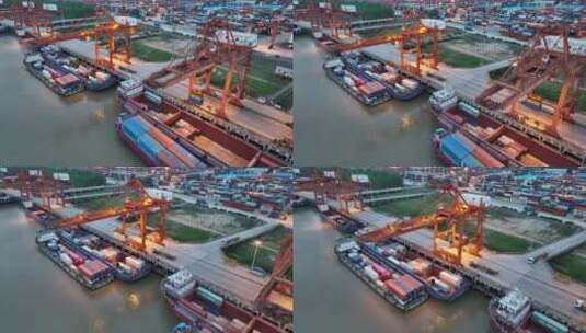 武汉阳逻港，吊装集装箱俯视侧推镜头高清在线视频素材下载