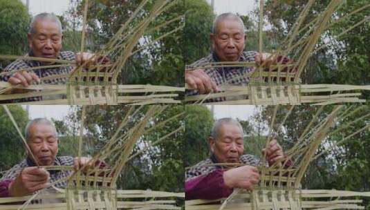 四川农村老人用竹条编制背篓传统手艺人高清在线视频素材下载
